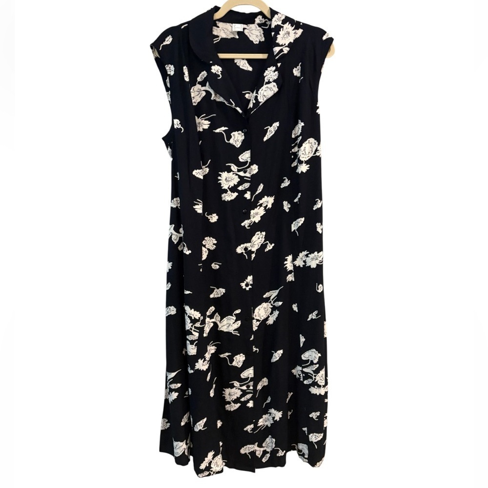 Black & White Floral Midi Dress Tie Waist Sleeveless Minimalist Career Size 16